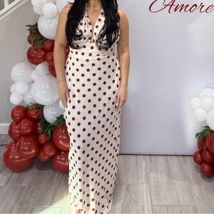 Nadine Halter Chiffon Maxi dress - Ivory/merlot polka dot. 
I have size M & L
